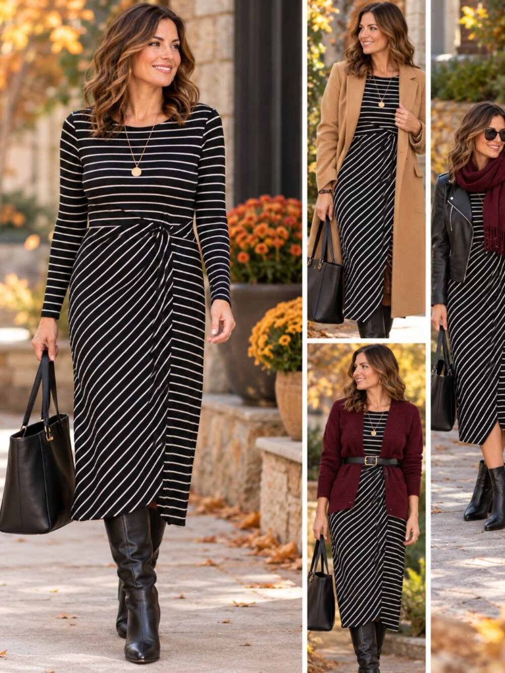 Gilli Black White StripeTwist Front Parisian Minimalist Midi Dress NWT